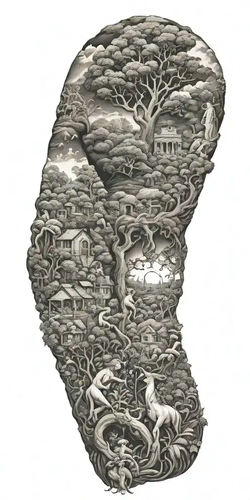 Garden Of Eden Full Sleeve Tattoo With Classical Art Featuring Multiple Scenes