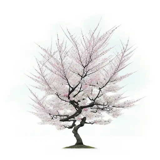 Japanese Cherry Tree With A Small Gaisha Praying Under The Tree Leafs