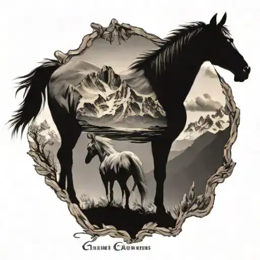 Horse Silhouette With Mountains Inside Of Horse Body