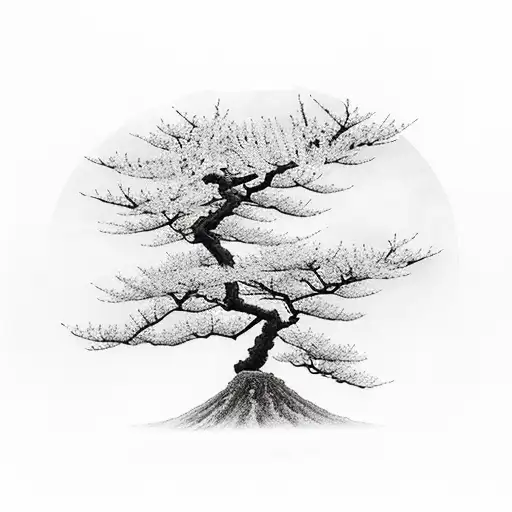 Japanese Cherry Tree With A Small Japanese Woman Praying Under The Tree Leafs