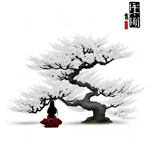 Japanese Cherry Tree With A Small Japanese Woman Praying Under The Tree Leafs