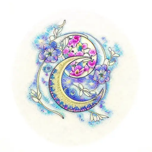 A Crescent Moon Made Of Delicate Stained Glass With Flowers Surrounding It