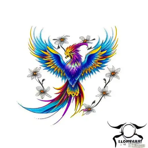 Long Phoenix Blue And Yellow Flying With Flowers Outline