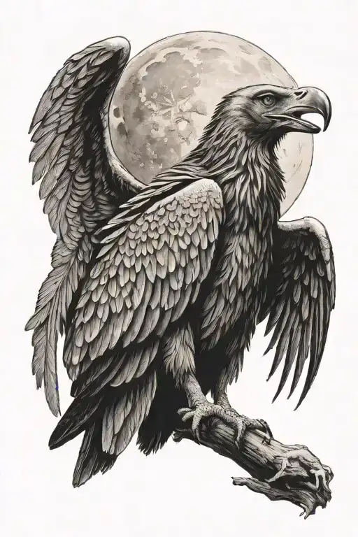Vulture With Moon And Wolf Howling