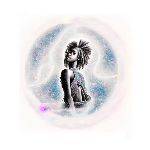 An Ethereal Black Girl Surrounded By Constellations And Floating Dollar Bills