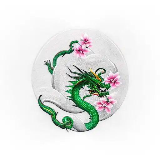 Emerald Dragon Wrapped Around Cherry Bloosom Bonsai Tree
