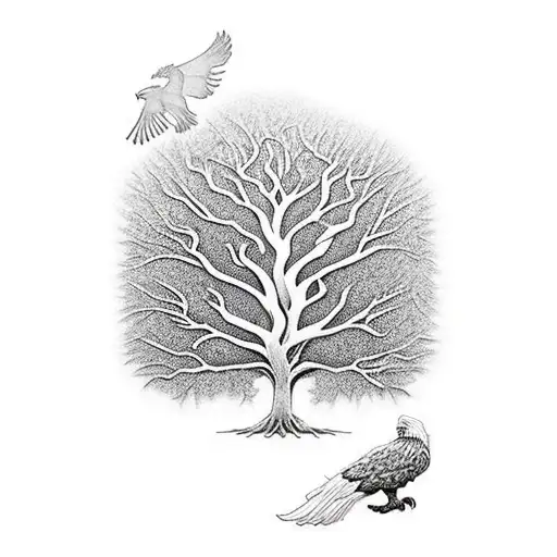 An Intricate Family Oak Tree With 3 Eagles