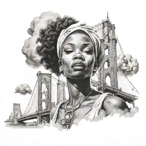 African Woman Brooklyn Bridge Towards The Clouds