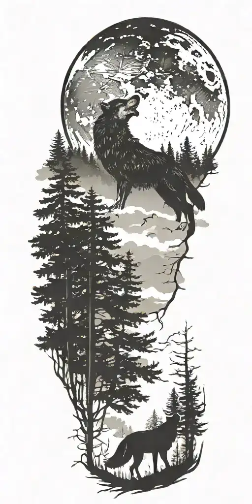 Wolf Howling To The Moon Over Woods With An Eagle Flying