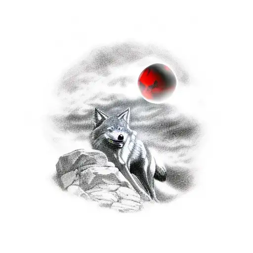 A Red Wolf On A Cliff Howling At A Black And White Soccer Ball In The Sky