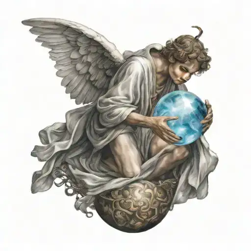 A Young Angel In Full Body Holding A Crystal Ball In His Hands