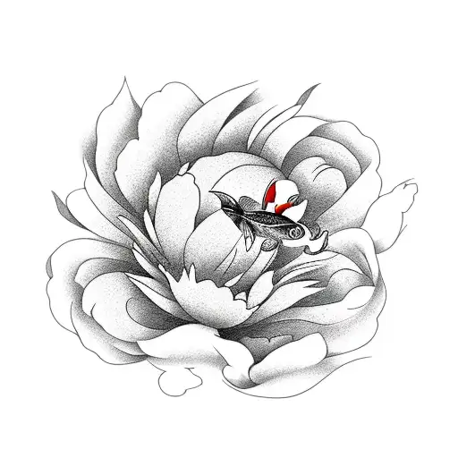 Peony With Koi Fish And Black Background