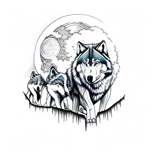 Mother Wolf With 5 Pups With Water Fall Trees And River And Moon In Background