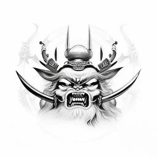 Samurai Fighting Off His Demons In Black And White