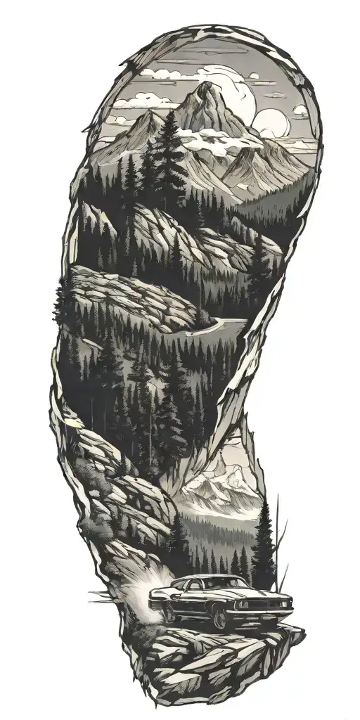 Car Driving Through Mountains With Forrest In Background