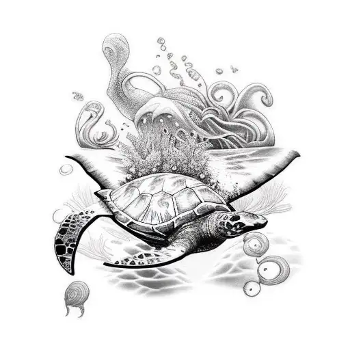 Mermaid And Sea Turtles And Manta Rays And Jellyfish