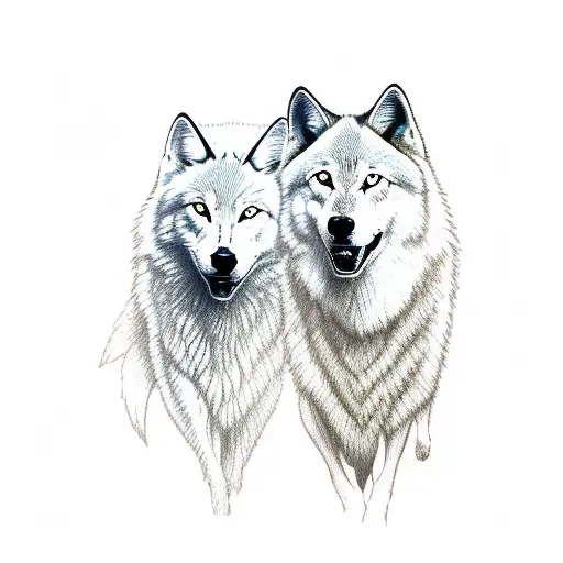One White Wolf And One Black Wolf Smilling Happy Together Beautiful