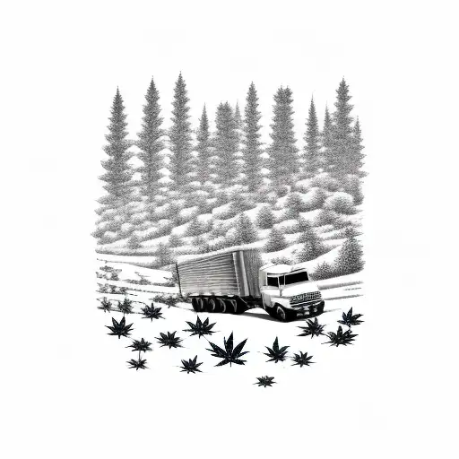 A Truck Driving Through A Field Of Marijuana Plants With A Mountain Backdrop