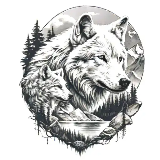 White Wolf Head In The Mountians Overlooking Black Wolf At Lake