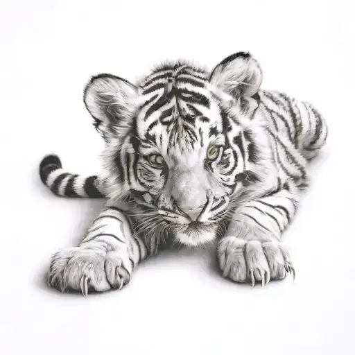 Tiger Cub Laying On Belly With Chest Showing And Paw Swiping