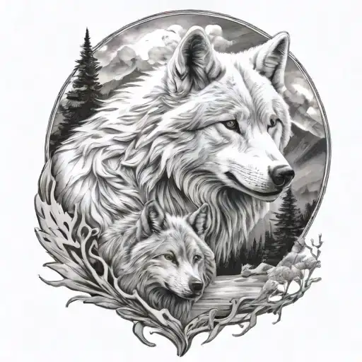 White Wolf Head In The Mountians Overlooking Black Wolf At Lake