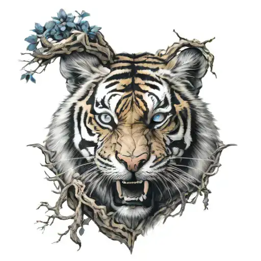 Tiger Head Mouth Opened Teeth Shown And Blue Eyes Behind Yggdrasil Tree With Vegvisir Symbol
