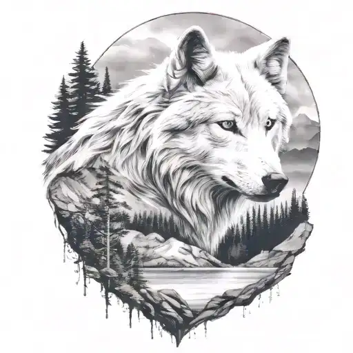 White Wolf Head In The Mountians Overlooking Full Body Black Wolf At Lake