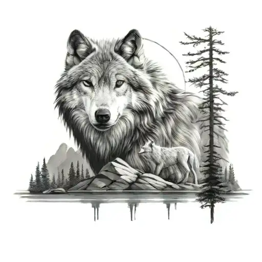 White Wolf Head In The Mountians Overlooking Full Body Black Wolf At Lake