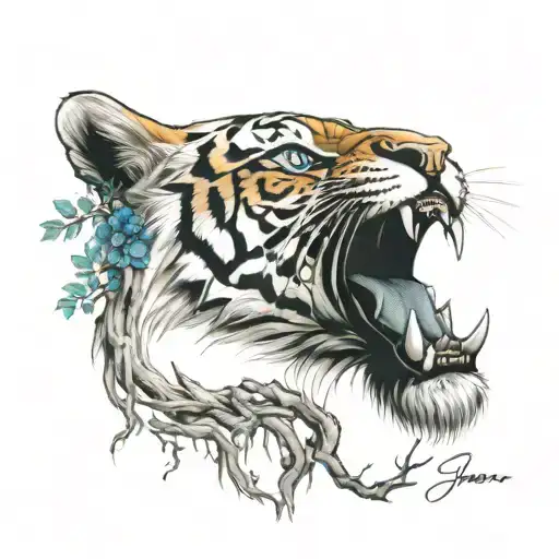 Yggdrasil Tree With Vegvisir Behind Tiger Head Mouth Opened Teeth Shown And Blue Eyes