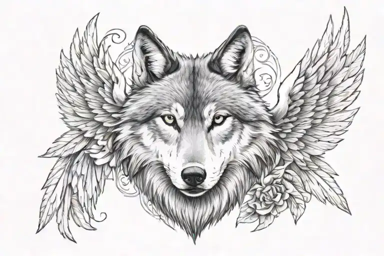 Wolf Head And Angel Wings Below