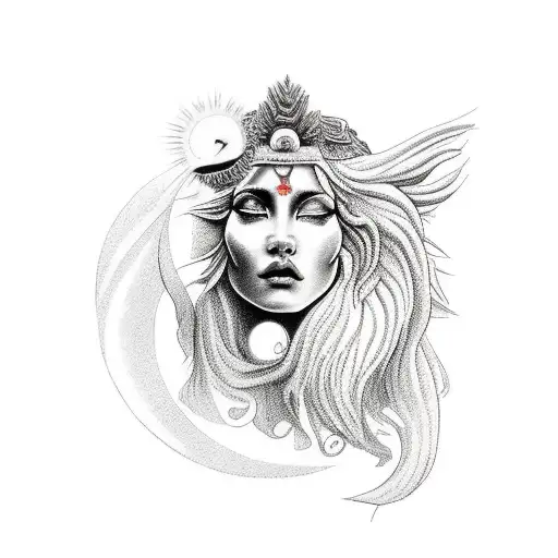 Goddess With Lion And Sun In Background