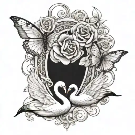 2 Swans Butterfly And Rose Intertwined Symbolizing Marraige