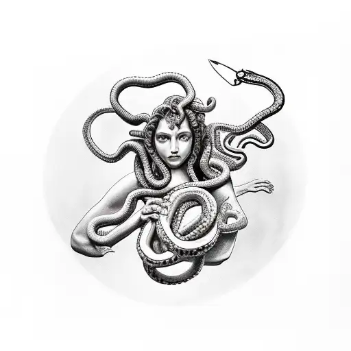 Medusa Holding A Snake On Her Right Hand While Attacking