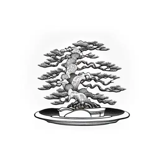 Bonsai In Front Of Red Japanese Sun