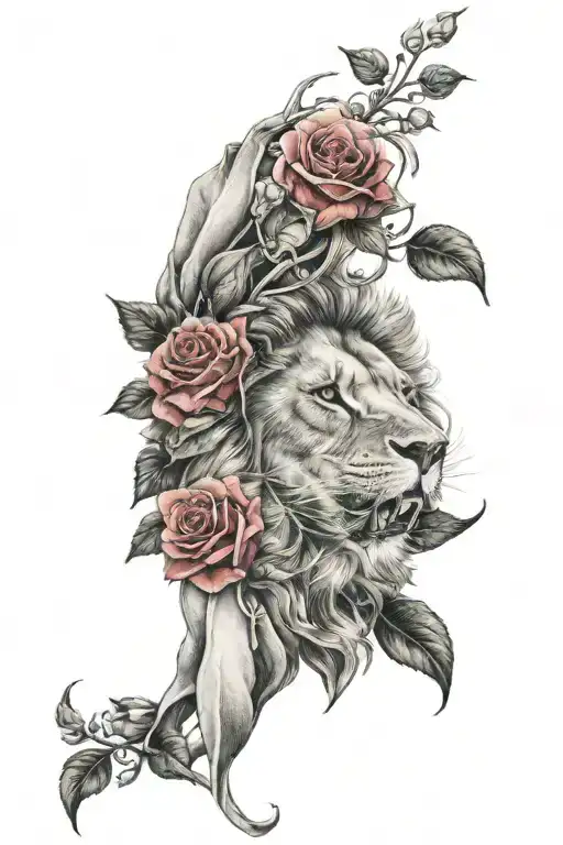 Lion Head Roaring With Roses Wrapped