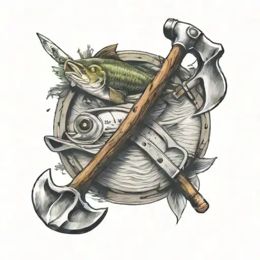 Wood Axe And Fishing Rod Crossed