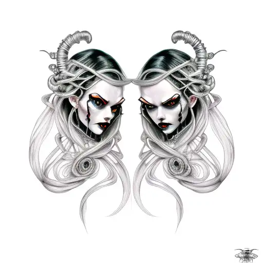 Goth Cyborg Gemini Sisters Hair Tangled Together Wide