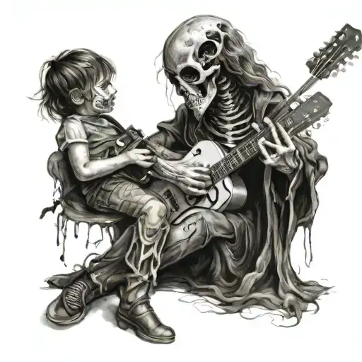 Woman Death Playing Guitar To A Child With Skull Face