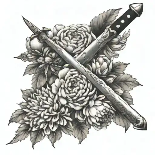 Bed Of Chrysanthemums And Peony Tattoo Design With A Sword On Top