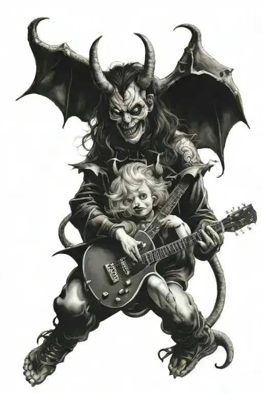 Woman Devil Playing Guitar To A Little Child Girl