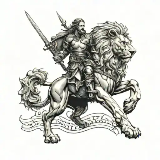 A Weary Warrior Knight Standing In Front Of A Fierce Lion