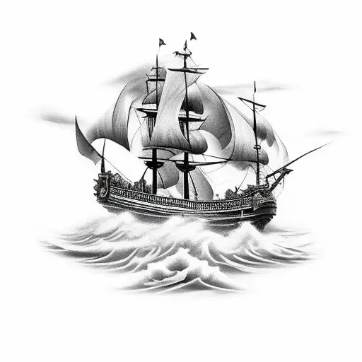 A Pirate Ship Navigating Through Treacherous Waters With Thunderclouds Overhead