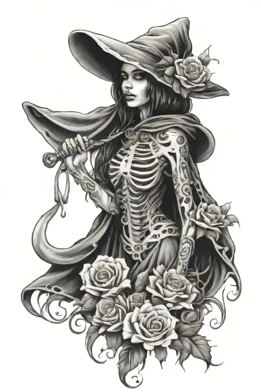 Chicano Style Girl With A Grim Reaper Underneath Her With Daisys Around The Border
