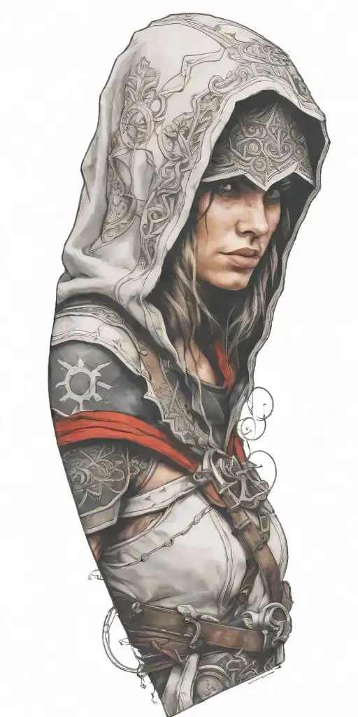 A Realistic Portrait Of A Favorite Female Video Game Character With Elements Of Assassin's Creed