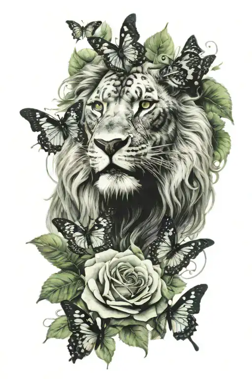 Black Lion Face With Green Eyes Surrounded By Black Roses And Black Butterflies
