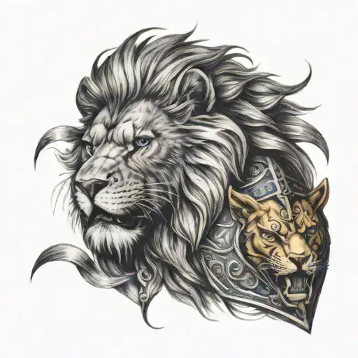 Fierce Lion Behind A Weary Warrior Knight