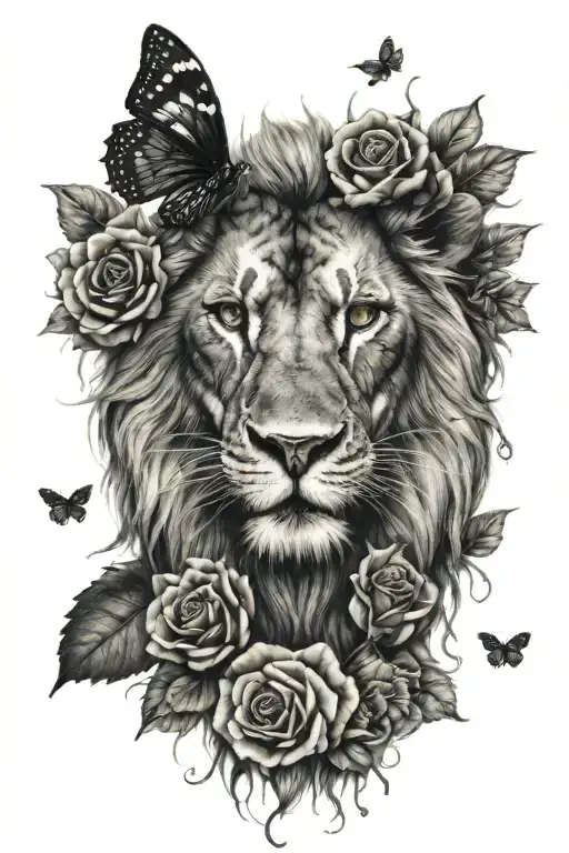 Black Lion Face With Surrounded By Black Roses And Black Butterflies