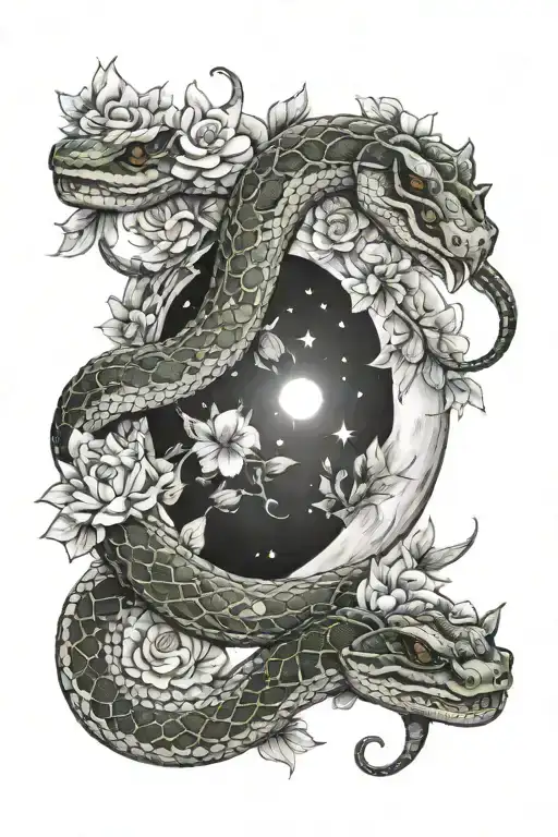 Two Snakes With Foral Pattern Looking At Cresent Moon