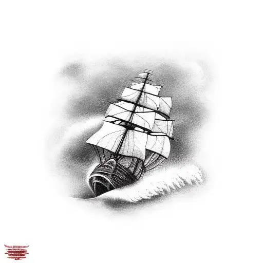 A Realistic Depiction Of A Wooden Ship Battling Fierce Waves And Dark Storm Clouds