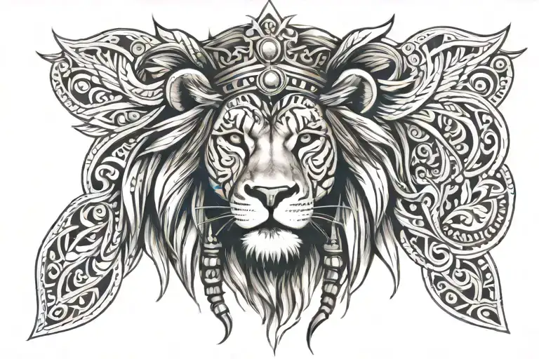 Tribal Women And Crown Headed Lion Head